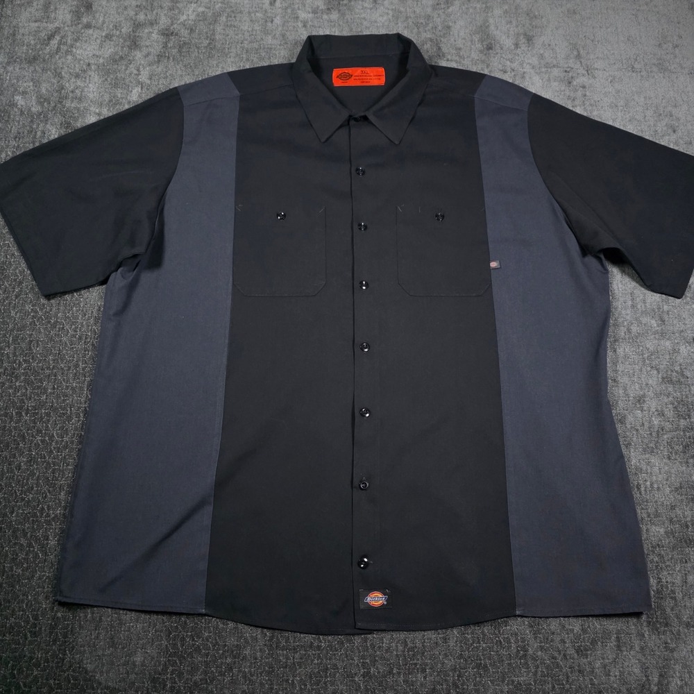 Vtg Dickies Mens 3XL Two Tone Work Shirt Black Charcoal Grey Short Sleeve Garage